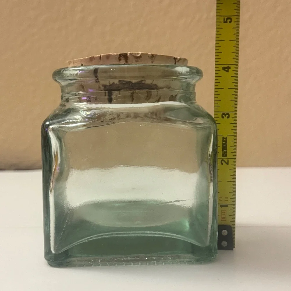Vintage Green Glass Apothecary Jar w/Cork Lid Pink Cherry Blossom 4.5